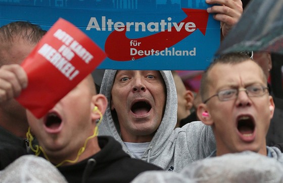 Stoupenci AfD bouí na mítinku Angely Merkelové v saském Torgau (6. záí 2017)
