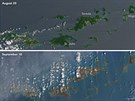 Satelitní pohled na karibské ostrovy ped úderem hurikánu Irma a poté