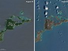 Satelitní pohled na karibský ostrov Virgin Gorda ped úderem hurikánu Irma a po...