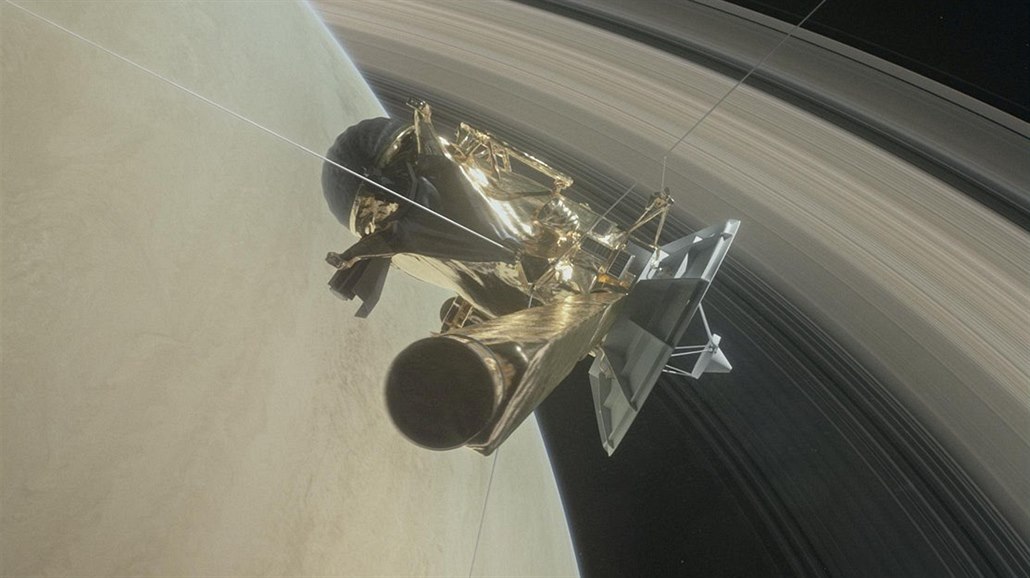 Ilustrace sondy Cassini mířící do meziprostoru mezi Saturnem a jeho prstenci.