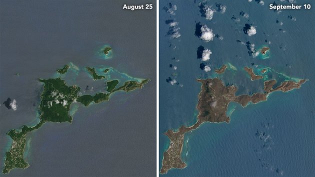 Satelitní pohled na karibský ostrov Virgin Gorda před úderem hurikánu Irma a po něm