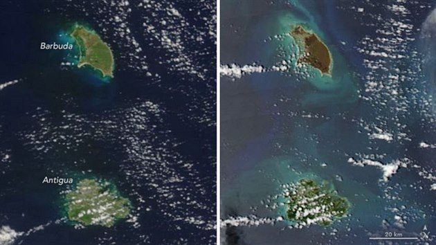 Satelitní pohled na karibské ostrovy Barbuda a Antigua před úderem hurikánu Irma a po něm
