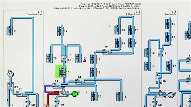Monitor s mapou potrubn poty v nemocninm energocentru.
