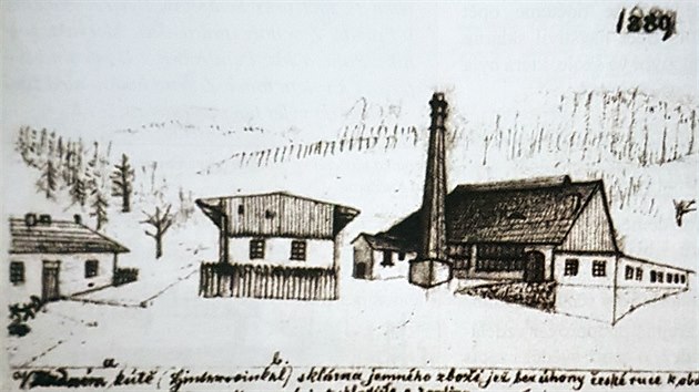Kresba Karolíniny hutě, kterou v roce 1889 vytvořil kronikář Alois Beer z Dobrušky.