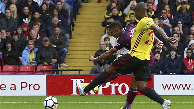 Gabriel Jesus (ve fialovm) z Manchesteru City skruje do st Watfordu.