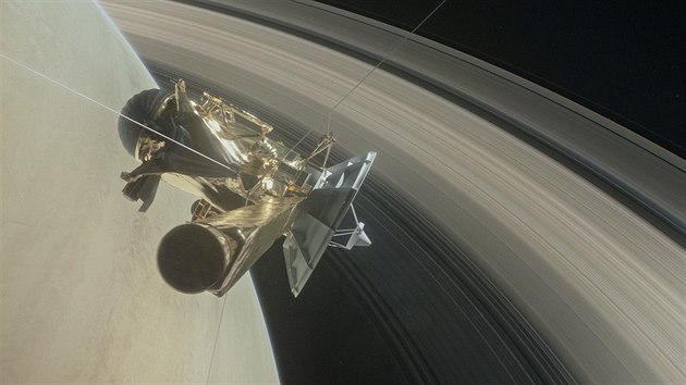 Ilustrace sondy Cassini mí�ící do meziprostoru mezi Saturnem a jeho prstenci.