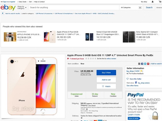 Prodejce na aukčním portálu eBay požaduje za základní iPhone 8 s 64GB...