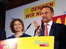 Lídr strany FDP Christian Lindner bhem projevu po uzavení volebích místností....