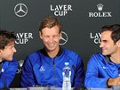 Momentka z tiskové konference k Laver Cupu, zleva Dominic Thiem, Tomá Berdych...