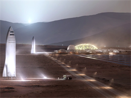 Ilustrace vybudované základny na Marsu s pipravovanou lodí spolenosti SpaceX.