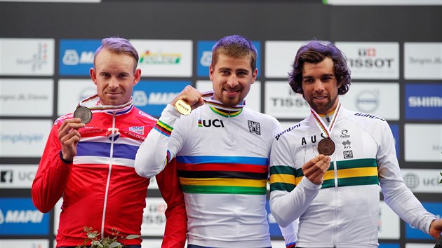 TI NEJLEP. Zleva: Alexander Kristoff  (stbro), Peter Sagan (zlato) Michael Matthews (bronz).
