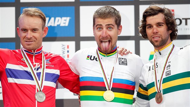 TI NEJLEP. Zleva: Alexander Kristoff  (stbro), Peter Sagan (zlato) Michael Matthews (bronz).