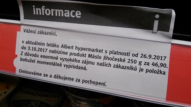 Máslo bylo vyprodáno i v Albertu na pražském Andělu (29. září 2017).