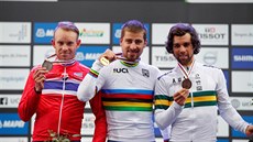 TI NEJLEPÍ. Zleva: Alexander Kristoff  (stíbro), Peter Sagan (zlato) Michael...