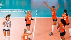 Nizozemské volejbalistky se radují z povedené akce.