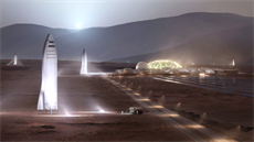 Ilustrace vybudované základny na Marsu s pipravovanou lodí spolenosti SpaceX.