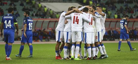 Radost eských fotbalist v kvalifikaním utkání v Ázerbájdánu.