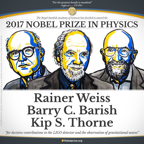 Laureáti Nobelovy ceny za fyziku 2017: Rainer Weiss, Barry Barish a Kip Thorne