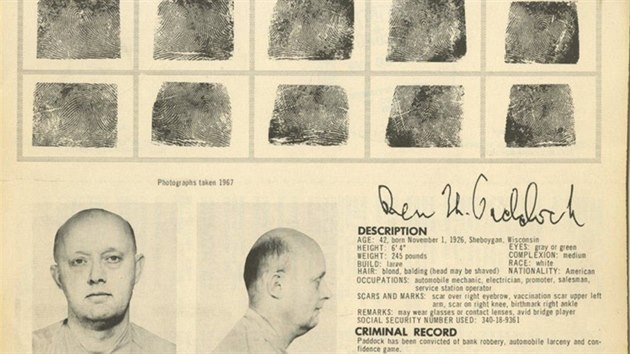 Zatykač na Benjamina Hoskinse Paddocka podepsal tehdejší ředitel FBI J. Edgar Hoover.