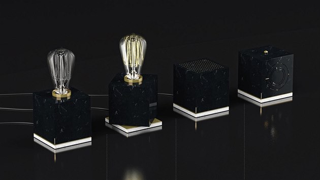 V�t�zn� n�vrh sout�e The Cube, designov� sada stoln� lampi�ky, reproduktoru a bud�ku, zasazen�ch do luxusn�ho vzhledu krychl� z tvrzen�ho kamene TechniStone