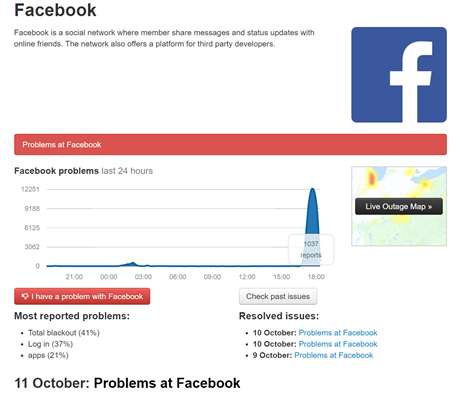 Výpadek Facebooku 11.10.2017.