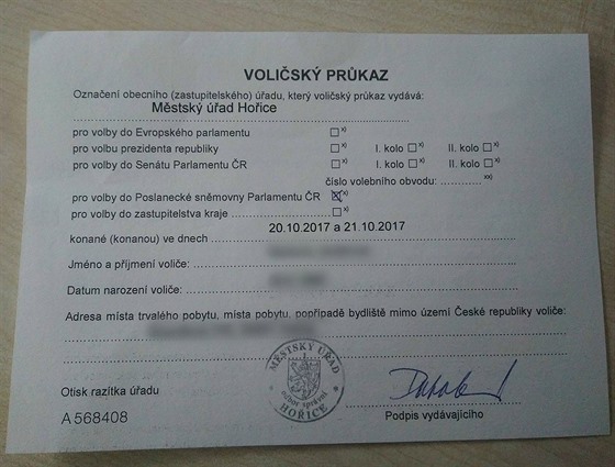 Voličský průkaz pro volby do Poslanecké sněmovny Parlamentu ČR 2017