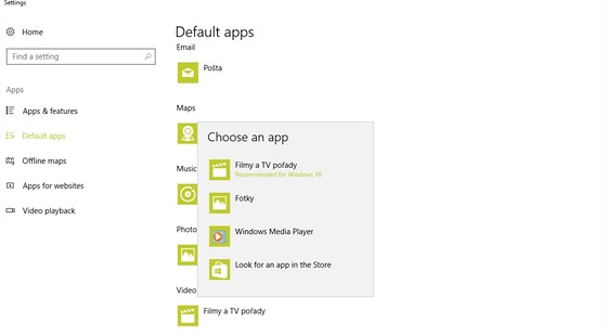 Nabídka aplikací pro pehrávání videí ve Windows 10