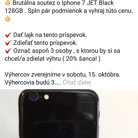 Ukázka podvodné soute na Facebooku.