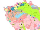 Geologick mapka R s vyznaenmi loisky nerostnch surovin, a speciln...