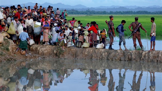 B̎ENCI. Rohingt uprchlc ekaj v rovm poli na povolen ke vstupu do Banglade. Barmsk vlda el mezinrodnmu tlaku kvli dajnmu pronsledovn muslimsk meniny Rohing na svm zem.