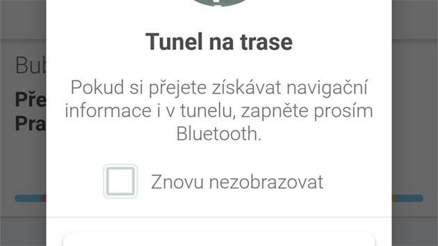 Upozornění navigace Waze: tunel na trase, zapněte Bluetooth pro přesnější navigaci.