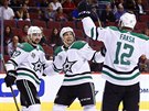 Devin Shore, Tyler Pitlick a Radek Faksa (zleva) se radují z trefy Dallasu.