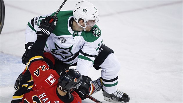 tonk Dallasu Radek Faksa (v zelenoblm) a Travis Hamonic z Calgary v souboji.