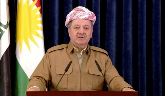 Fotka z videa ukazující kurdského prezidenta Masúda Barzáního při televizním...