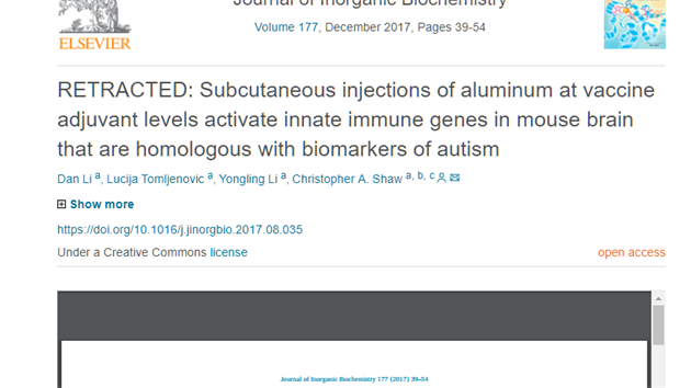 Studie autor Li, Tomljenovic, Li a Shaw (2017) byla z asopisu Journal of Inorganic Biochemistry staena kvli zjevn nespolehlivm datm