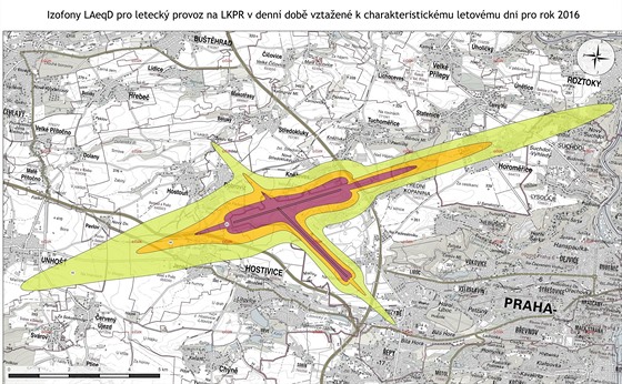 Izofony okolo praského letit bhem denního provozu za rok 2016