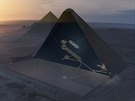 Scan Cheopsovy pyramidy v Egypt, na kterém je vidt umístní nov nalezené...