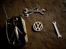 A Volkswagen car emblem is seen on the floor of a garage in Addis Ababa,...