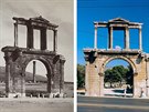 Hadriánova brána v Athénách na historickém a na souasném snímku.