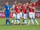 etí fotbalisté se radují z gólu v pípravném utkání proti Islandu na turné v...