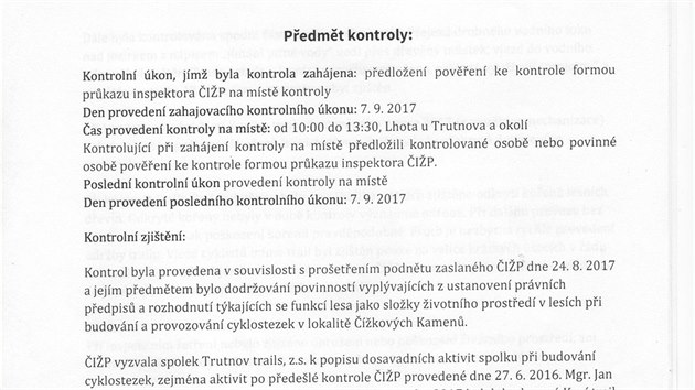 Protokol o kontrole Trutnov trails ze z 2017.