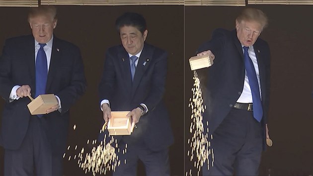 Americký prezident Donald Trump během návštěvy Japonska krmil s tamním premiérem Šinzó Abem kapry. (6. listopadu 2017)