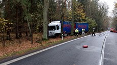 Kamion po střetu zajel mimo silnici mezi stromy.