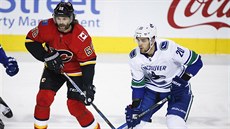 Jaromír Jágr z Calgary a Brandon Sutter z Vancouveru zk�í�ili hokejky a �ekají,...