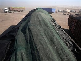 Trucks full of coal wait along the road at Tsagaan Khad, some 20 kilometres...