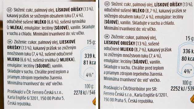 Srovn�n� nutelly s nov�m (vpravo) a p�vodn�m slo�en�m