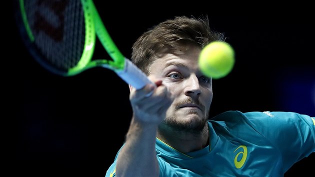 Belgick tenista David Goffin v duelu Turnaje mistr s Grigorem Dimitrovem z Bulharska.