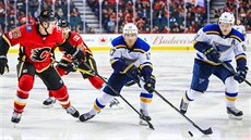 Brayden Schenn (uprosted) ze St. Louis se rozhoduje co s pukem, Troy Brouwer...