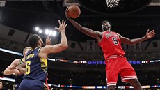 Bobby Portis z Chicaga stahuje mí na doskoku ped Corym Josephem z Indiany.