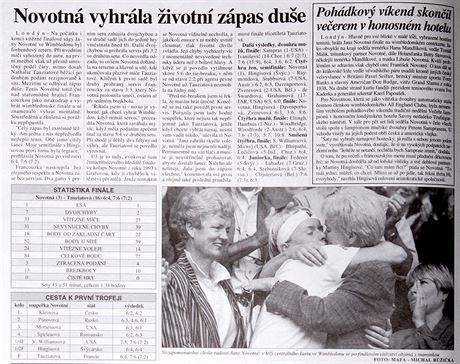 Wimbledonsk vtzstv Jany Novotn na strnkch MF DNES ze 7. ervence 1998.